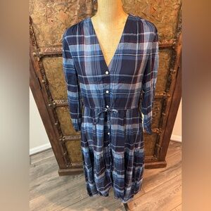 Trovata Birds of Paradise Blue Plaid Button-Down Dress S